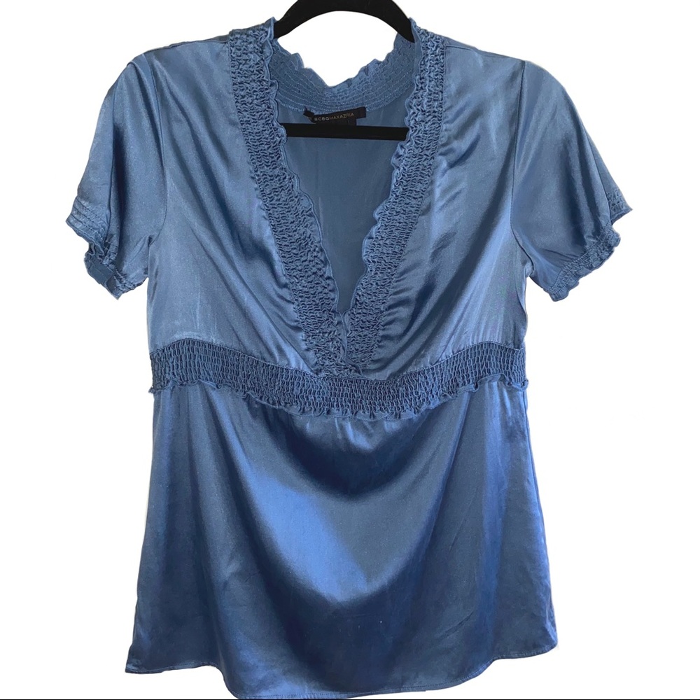 BCBGMAXAZIRA- Blue V-Neck Silk Blouse